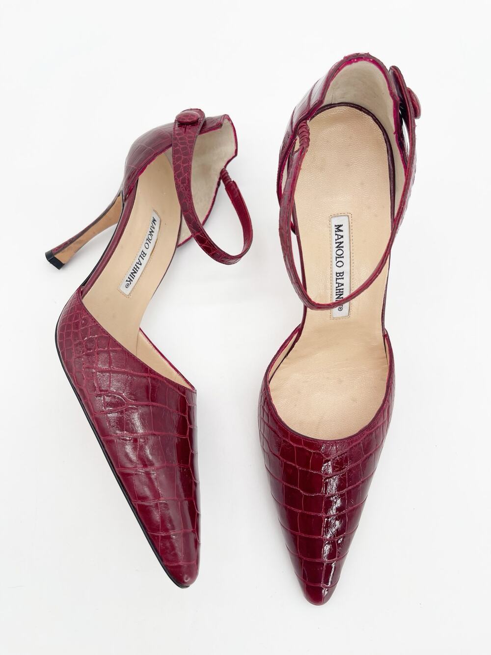 Manolo Blahnik Vintage Burgundy Exotic Alligator Leather Ankle Strap Heels IT 40